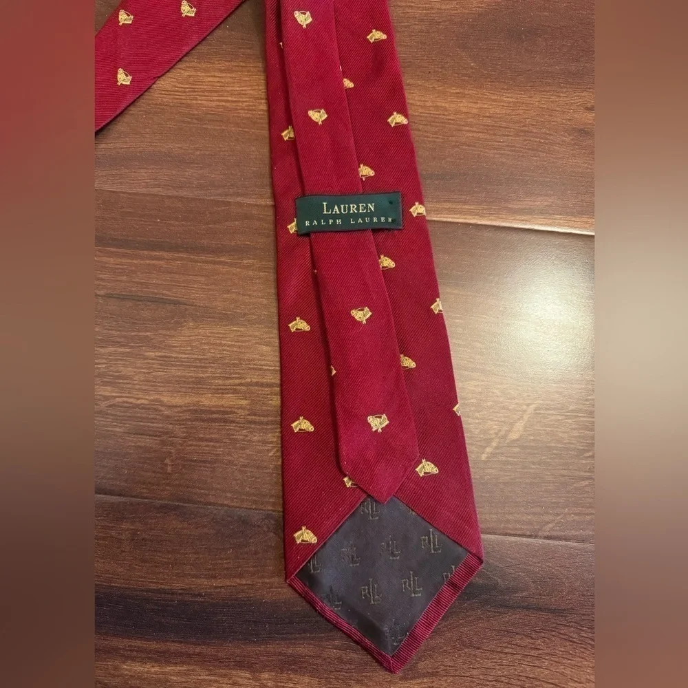 LAUREN Ralph Lauren Red 100% Silk Handmade Jacquard Necktie Made In USA